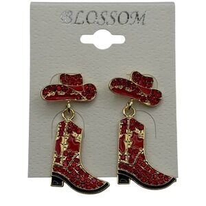 Red Cowboy Boot and Hat Dangle Earrings‎ Rhinestone Western Jewelry